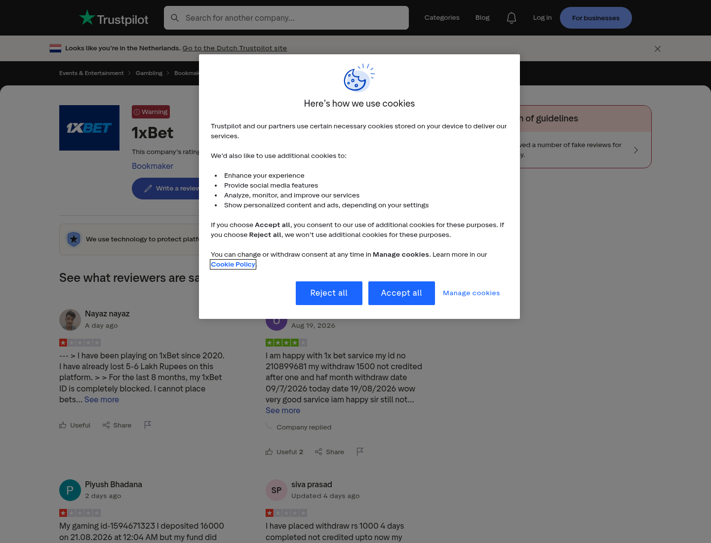 Capture halaman sinyal pengguna untuk domain 1xbet.com