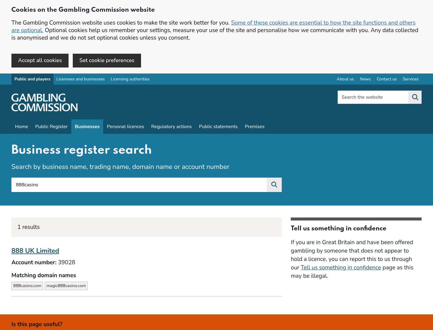 Tangkapan register primer untuk 888 Casino