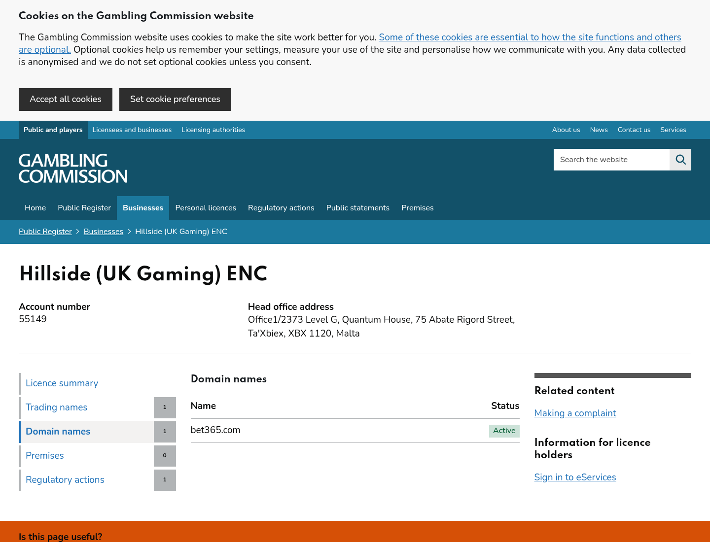 Tangkapan register UK Gambling Commission untuk domain bet365.com